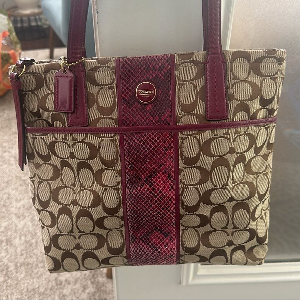 Coach Signature Python Raspberry Stripe Tote Bag … - image 1